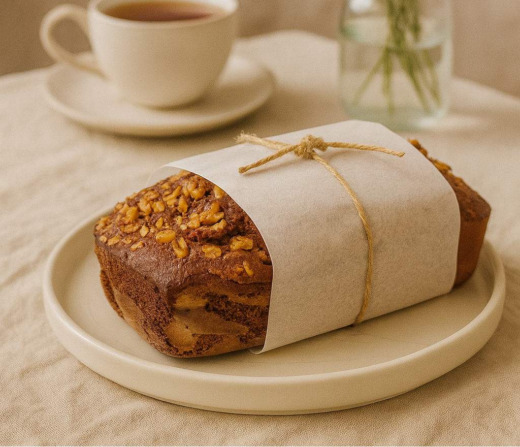 gluten-free tea Cake wrapped in paper on a plate with a cup of tea and flowers in the background.